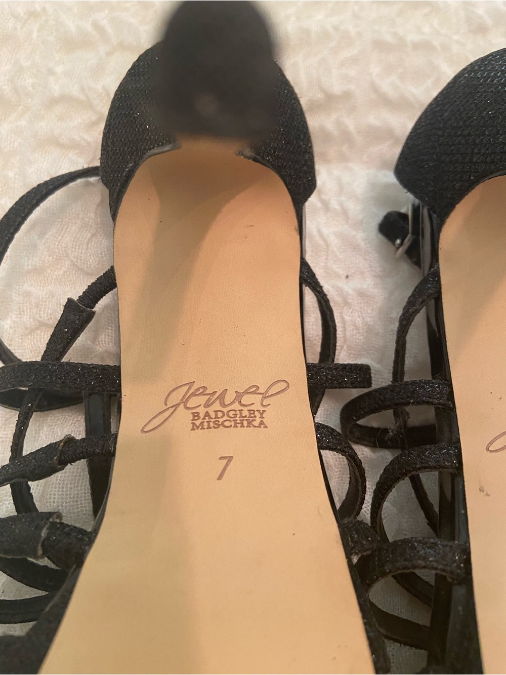 BADGLEY MISCHKA JEWEL BLACK GLITTER STRAPPY PLATFORM HEEL SIZE 7 - Picture 4 of 7